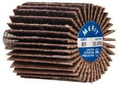 Merit Abrasives - 1" Diam x 1" Face Width, Medium Ceramic Alumina Coated Mounted Flap Wheel - 1/4-20 Threaded Mount, 80 Grit, Cloth Backing, 30,000 Max RPM - Industrial Tool & Supply