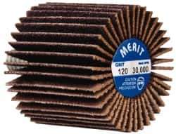 Merit Abrasives - 1" Diam x 1" Face Width, Fine Ceramic Alumina Coated Mounted Flap Wheel - 1/4-20 Threaded Mount, 120 Grit, Cloth Backing, 30,000 Max RPM - Industrial Tool & Supply