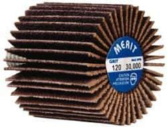 Merit Abrasives - 1" Diam x 1" Face Width, Fine Ceramic Alumina Coated Mounted Flap Wheel - 1/4-20 Threaded Mount, 120 Grit, Cloth Backing, 30,000 Max RPM - Industrial Tool & Supply