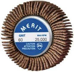 Merit Abrasives - 1-5/8" Diam x 1/2" Face Width, Medium Ceramic Alumina Coated Mounted Flap Wheel - 1/4-20 Threaded Mount, 60 Grit, Cloth Backing, 25,000 Max RPM - Industrial Tool & Supply