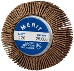 Merit Abrasives - 1-5/8" Diam x 1/2" Face Width, Fine Ceramic Alumina Coated Mounted Flap Wheel - 1/4-20 Threaded Mount, 120 Grit, Cloth Backing, 25,000 Max RPM - Industrial Tool & Supply