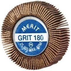 Merit Abrasives - 1-5/8" Diam x 1/2" Face Width, Very Fine Ceramic Alumina Coated Mounted Flap Wheel - 1/4-20 Threaded Mount, 180 Grit, Cloth Backing, 25,000 Max RPM - Industrial Tool & Supply