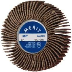 Merit Abrasives - 2" Diam x 1/2" Face Width, Medium Ceramic Alumina Coated Mounted Flap Wheel - 1/4-20 Threaded Mount, 60 Grit, Cloth Backing, 25,000 Max RPM - Industrial Tool & Supply