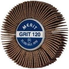 Merit Abrasives - 2" Diam x 1/2" Face Width, Fine Ceramic Alumina Coated Mounted Flap Wheel - 1/4-20 Threaded Mount, 120 Grit, Cloth Backing, 25,000 Max RPM - Industrial Tool & Supply