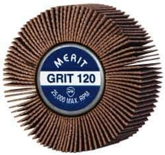 Merit Abrasives - 2" Diam x 1" Face Width, Fine Ceramic Alumina Coated Mounted Flap Wheel - 1/4-20 Threaded Mount, 120 Grit, Cloth Backing, 25,000 Max RPM - Industrial Tool & Supply