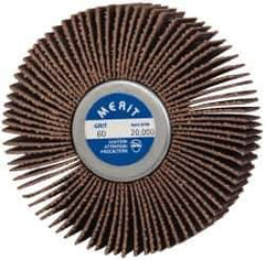 Merit Abrasives - 3" Diam x 1" Face Width, Medium Ceramic Alumina Coated Mounted Flap Wheel - 1/4-20 Threaded Mount, 60 Grit, Cloth Backing, 20,000 Max RPM - Industrial Tool & Supply