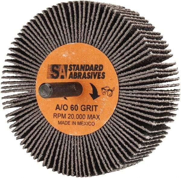 Standard Abrasives - 3" Diam x 1" Face Width, Medium Aluminum Oxide Coated Mounted Flap Wheel - 1/4" Shank Mount, 60 Grit, X Weighted Backing, 20,000 Max RPM - Industrial Tool & Supply