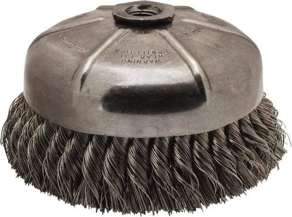 Anderson - 6" Diam, 5/8-11 Threaded Arbor, Stainless Steel Fill Cup Brush - 0.02 Wire Diam, 1-3/8" Trim Length, 6,600 Max RPM - Industrial Tool & Supply