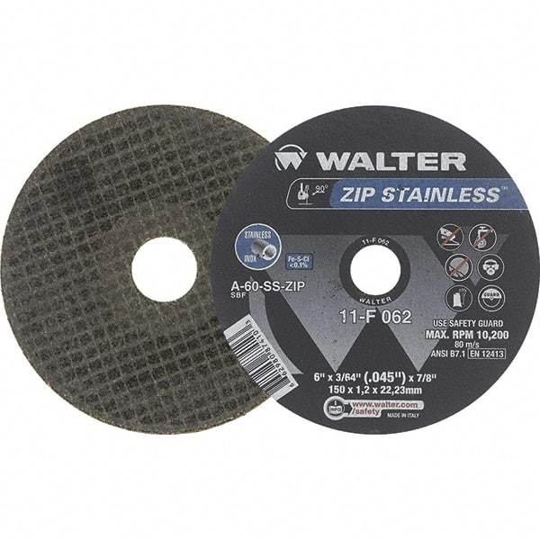 WALTER Surface Technologies - 6" Aluminum Oxide Cutoff Wheel - 3/64" Thick, 7/8" Arbor, 10,200 Max RPM, Use with Die Grinders - Industrial Tool & Supply