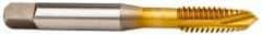OSG - 5/16-18 UNC, 3 Flute, TiN Finish, Vanadium High Speed Steel Spiral Point Tap - Plug Chamfer, Right Hand Thread, 2-23/32" OAL, 1-1/8" Thread Length, 0.318" Shank Diam, 3B Class of Fit - Exact Industrial Supply