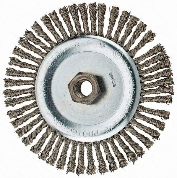 Anderson - 6" OD, 5/8-11 Arbor Hole, Knotted Stainless Steel Wheel Brush - 3/16" Face Width, 1-1/8" Trim Length, 0.02" Filament Diam, 12,500 RPM - Industrial Tool & Supply