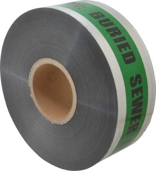 Presco - Caution: Buried Sewer Line Below, Detectable Underground Tape - 1,000 Ft. Long x 3 Inch Wide Roll, Polyethylene on Aluminum, 5 mil Thick, Green and Black - Industrial Tool & Supply