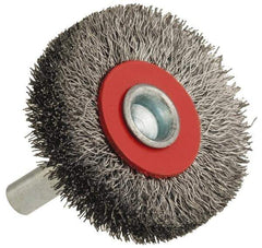 Value Collection - 2-3/8" OD, 1/4" Shank Diam, Crimped Steel Wheel Brush - 1/2" Face Width, 1/2" Trim Length, 0.008" Filament Diam, 15,000 RPM - Industrial Tool & Supply
