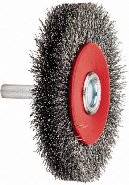 Value Collection - 2-5/8" OD, 1/4" Shank Diam, Crimped Steel Wheel Brush - 1/2" Face Width, 1/2" Trim Length, 0.008" Filament Diam, 15,000 RPM - Industrial Tool & Supply