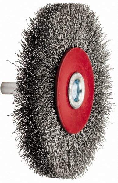 Value Collection - 3-1/16" OD, 1/4" Shank Diam, Crimped Steel Wheel Brush - 1/2" Face Width, 9/16" Trim Length, 0.008" Filament Diam, 12,000 RPM - Industrial Tool & Supply