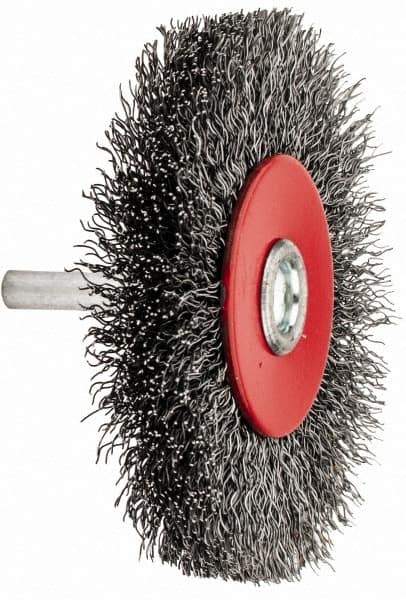 Value Collection - 3-1/16" OD, 1/4" Shank Diam, Crimped Steel Wheel Brush - 1/2" Face Width, 3/4" Trim Length, 0.015" Filament Diam, 12,000 RPM - Industrial Tool & Supply