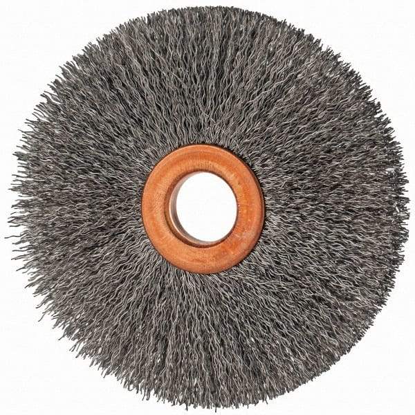Value Collection - 3" OD, 1/2" Arbor Hole, Crimped Steel Wheel Brush - 3/8" Face Width, 1" Trim Length, 0.007" Filament Diam, 15,000 RPM - Industrial Tool & Supply