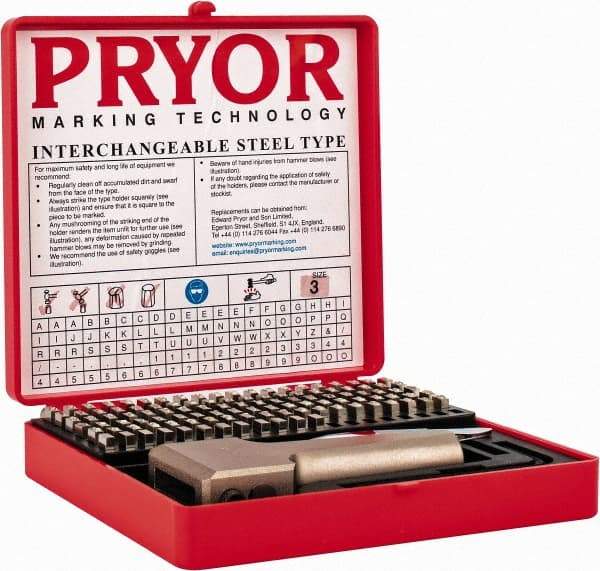 Pryor - 112 Piece, 1/8 Inch Character, Hardened Steel Type Set - 9 Character Capacity - Industrial Tool & Supply