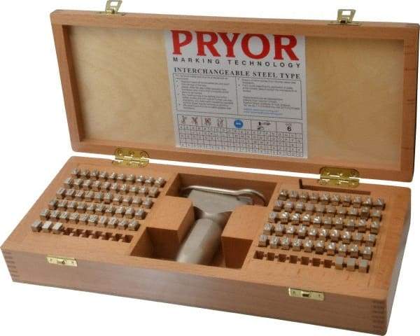 Pryor - 106 Piece, 1/4 Inch Character, Hardened Steel Type Set - 6 Character Capacity - Industrial Tool & Supply