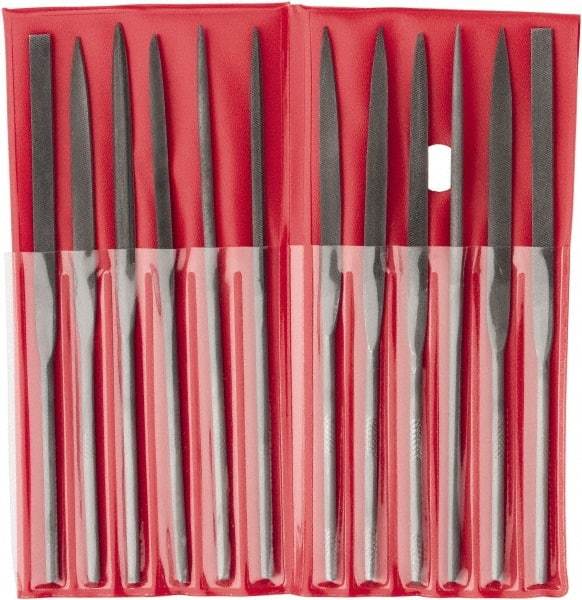 Value Collection - 12 Piece Swiss Pattern File Set - 5-1/2" Long, 2 Coarseness, Round Handle, Set Includes Barrette, Crossing, Equalling, Flat, Half Round, Knife, Round, Round Edge Joint, Slitting, Square, Three Square - Industrial Tool & Supply