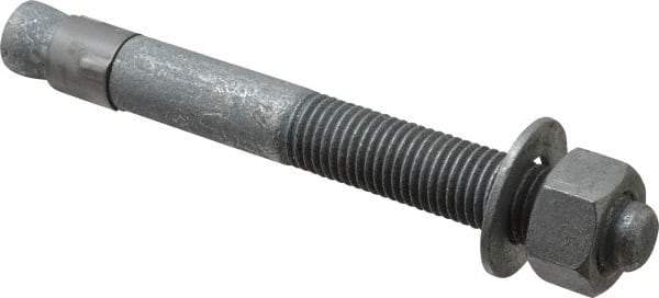 Made in USA - 7/8" Diam, 7/8" Drill, 8" OAL, 2-1/2" Min Embedment Wedge Expansion Concrete Anchor - Grade 5 Steel, Galvanized Finish, Hex Nut Head, Hex Drive, 4" Thread Length - Industrial Tool & Supply