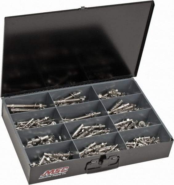 Value Collection - 290 Piece, 1/4 to 1/2" Screw, Stainless Steel Hex Drive Anchor Assortment - 1-3/4 to 5-1/2" Long - Industrial Tool & Supply