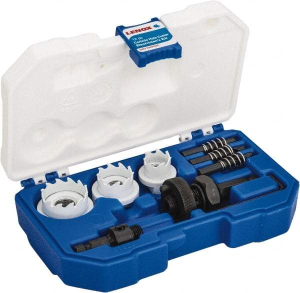 Lenox - 12 Piece, 7/8" to 1-3/8" Saw Diam, Electrician's Hole Saw Kit - Carbide-Tipped, Toothed Edge, Includes 3 Hole Saws - Industrial Tool & Supply