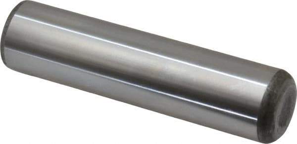 Made in USA - 1" Diam x 4" Pin Length Grade 8 Alloy Steel Standard Dowel Pin - Bright Finish, C 47-58 & C 60 (Surface) Hardness, 117,800 Lb (Single Shear), 235,600 Lb (Double Shear) Breaking Strength, 1 Beveled & 1 Rounded End - Industrial Tool & Supply