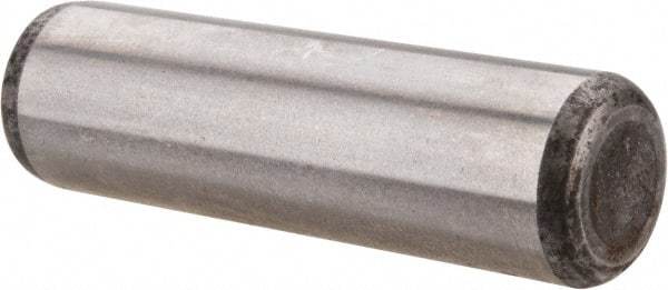 Made in USA - 7/16" Diam x 1-1/2" Pin Length Grade 8 Alloy Steel Standard Dowel Pin - Bright Finish, C 47-58 & C 60 (Surface) Hardness, 22,550 Lb (Single Shear), 45,100 Lb (Double Shear) Breaking Strength, 1 Beveled & 1 Rounded End - Industrial Tool & Supply