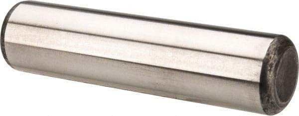 Made in USA - 1/2" Diam x 2" Pin Length Grade 8 Alloy Steel Standard Dowel Pin - Bright Finish, C 47-58 & C 60 (Surface) Hardness, 29,450 Lb (Single Shear), 58,900 Lb (Double Shear) Breaking Strength, 1 Beveled & 1 Rounded End - Industrial Tool & Supply