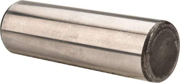 Made in USA - 5/8" Diam x 2" Pin Length Grade 8 Alloy Steel Standard Dowel Pin - Bright Finish, C 47-58 & C 60 (Surface) Hardness, 46,000 Lb (Single Shear), 92,000 Lb (Double Shear) Breaking Strength, 1 Beveled & 1 Rounded End - Industrial Tool & Supply