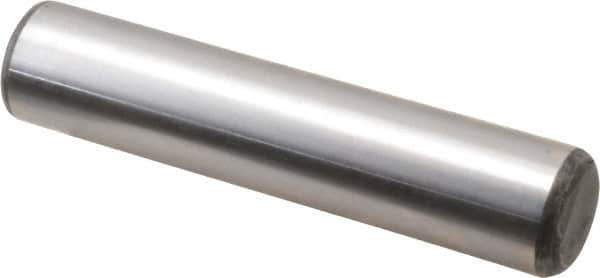 Made in USA - 3/4" Diam x 3-1/2" Pin Length Grade 8 Alloy Steel Standard Dowel Pin - Bright Finish, C 47-58 & C 60 (Surface) Hardness, 132,400 Lb (Double Shear), 66,200 Lb (Single Shear) Breaking Strength, 1 Beveled & 1 Rounded End - Industrial Tool & Supply