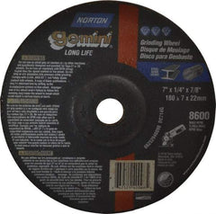 Norton - 7" Wheel Diam, 1/4" Wheel Thickness, 7/8" Arbor Hole, Type 27 Depressed Center Wheel - Aluminum Oxide, 8,600 Max RPM, Compatible with Angle Grinder - Industrial Tool & Supply