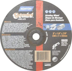 Norton - 9" Wheel Diam, 1/4" Wheel Thickness, 7/8" Arbor Hole, Type 27 Depressed Center Wheel - Aluminum Oxide, 6,600 Max RPM, Compatible with Angle Grinder - Industrial Tool & Supply