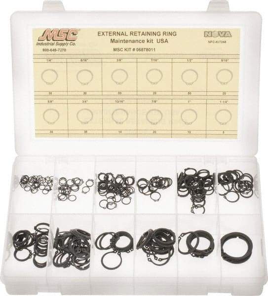 Made in USA - 300 Piece, 1/4 to 1-1/4", Steel, Snap External Retaining Ring Assortment - Includes Compartmented Case - Industrial Tool & Supply