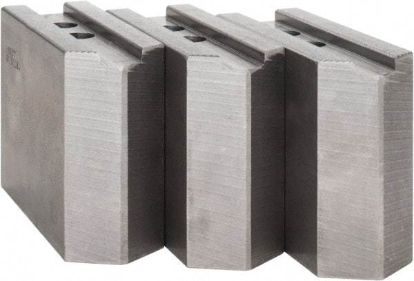 Abbott Workholding Products - 12" & Up Chuck Capacity, 1.5mm x 60° Serrated Attachment, Square Soft Lathe Chuck Jaw - 3 Jaws, Steel, 1.1811" Btw Mount Hole Ctrs, 5-1/2" Long x 2" Wide x 4" High, 0.8268" Groove, 0.6299" & 16mm Fastener - Industrial Tool & Supply