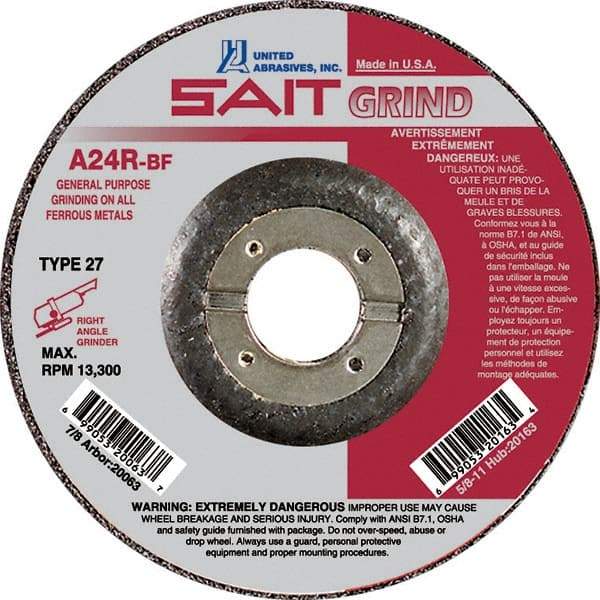 Sait - 24 Grit, 5" Wheel Diam, 1/4" Wheel Thickness, 7/8" Arbor Hole, Type 27 Depressed Center Wheel - Aluminum Oxide, Resinoid Bond, R Hardness, 12,200 Max RPM, Compatible with Angle Grinder - Industrial Tool & Supply