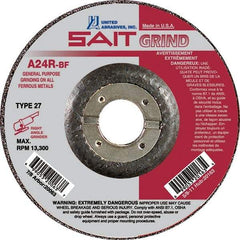 Sait - 24 Grit, 5" Wheel Diam, 1/4" Wheel Thickness, 7/8" Arbor Hole, Type 27 Depressed Center Wheel - Aluminum Oxide, Resinoid Bond, R Hardness, 12,200 Max RPM, Compatible with Angle Grinder - Industrial Tool & Supply