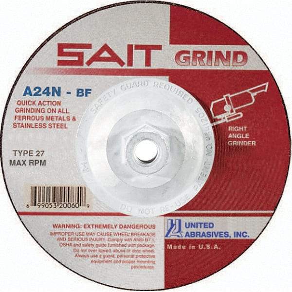 Sait - 24 Grit, 5" Wheel Diam, 1/4" Wheel Thickness, Type 27 Depressed Center Wheel - Aluminum Oxide, Resinoid Bond, N Hardness, 12,200 Max RPM, Compatible with Angle Grinder - Industrial Tool & Supply