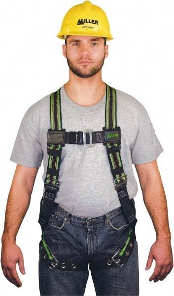 Miller - 400 Lb Capacity, Size Universal, Full Body Construction Safety Harness - Elastomer, Tongue Leg Strap, Mating Chest Strap, Green/Black - Industrial Tool & Supply