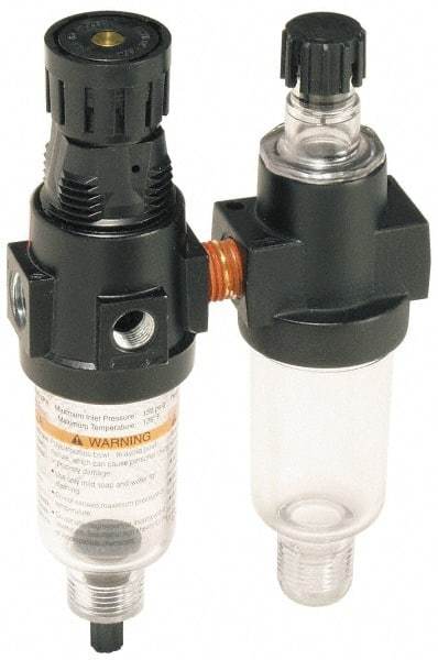 Wilkerson - 1/4" NPT Port Miniature 2 Piece Filter/Regulator-Lubricator FRL Unit - Polycarbonate Bowl, 20 SCFM, 150 Max psi, 6.21" High, Manual Drain - Industrial Tool & Supply