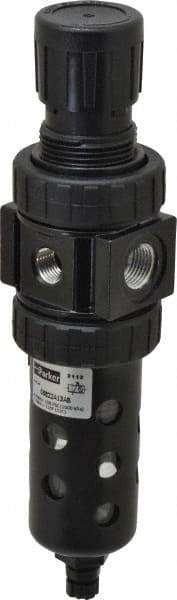 Parker - 3/8" NPT Port Compact 1 Piece Filter/Regulator FRL Unit - Polycarbonate Bowl, 40 SCFM, 150 Max psi, 8.51" High, Manual Drain - Industrial Tool & Supply