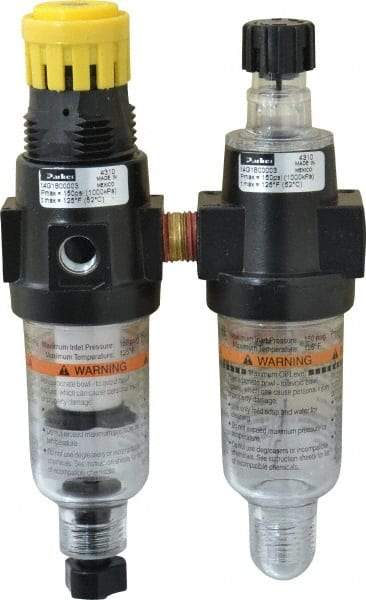 Parker - 1/4" NPT Port Miniature 2 Piece Filter/Regulator-Lubricator FRL Unit - Polycarbonate Bowl, 40 SCFM, 150 Max psi, 6.21" High, Manual Drain - Industrial Tool & Supply