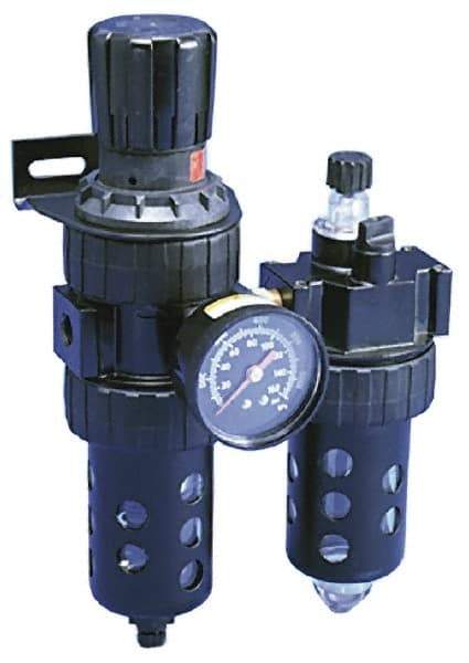Parker - 1/2" NPT Port Standard 2 Piece Filter/Regulator-Lubricator FRL Unit - Polycarbonate Bowl, 90 SCFM, 150 Max psi, 11.76" High, Manual Drain - Industrial Tool & Supply