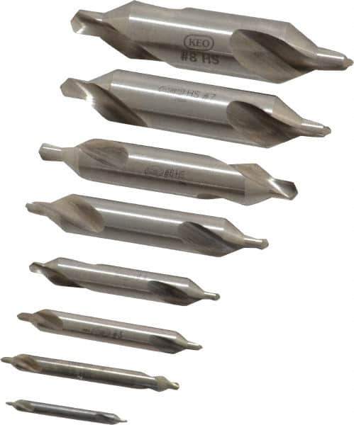 Keo - 8 Piece, #1 to 8, Plain Edge, High Speed Steel Combo Drill & Countersink Set - 60° Incl Angle - Industrial Tool & Supply