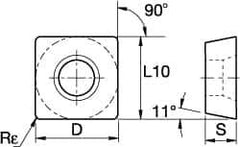 Kennametal - SPCW432 Grade KCK15 Carbide Milling Insert - TiN/TiCN/Al2O3 Finish, 3/16" Thick, 1/2" Inscribed Circle, 0.8mm Corner Radius - Industrial Tool & Supply