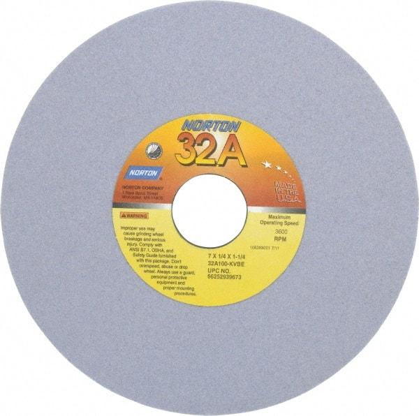 Norton - 7" Diam x 1-1/4" Hole x 1/4" Thick, K Hardness, 100 Grit Surface Grinding Wheel - Aluminum Oxide, Type 1, Fine Grade, 3,600 Max RPM, Vitrified Bond, No Recess - Industrial Tool & Supply