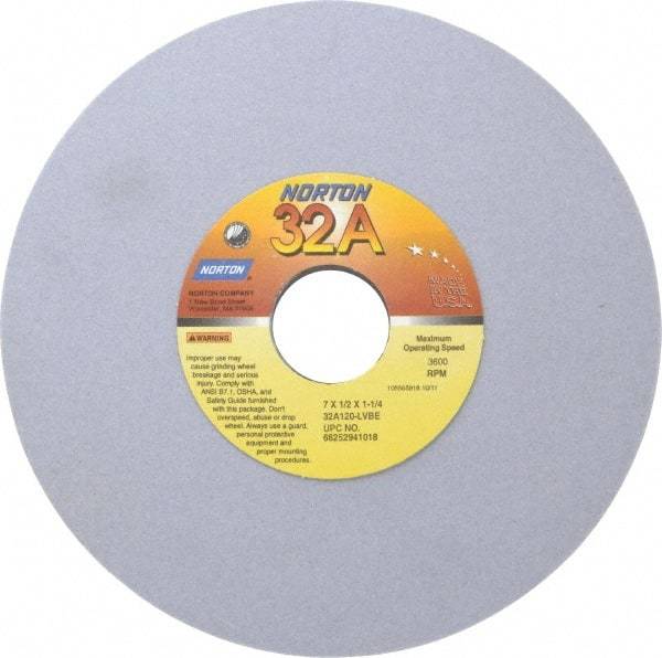 Norton - 7" Diam x 1-1/4" Hole x 1/2" Thick, L Hardness, 120 Grit Surface Grinding Wheel - Aluminum Oxide, Type 1, Fine Grade, 3,600 Max RPM, Vitrified Bond, No Recess - Industrial Tool & Supply