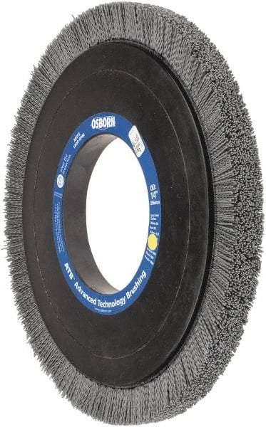 Osborn - 14" OD, 5-1/4" Arbor Hole, Crimped Nylon Wheel Brush - 1" Face Width, 1-1/4" Trim Length, 0.04" Filament Diam, 1,800 RPM - Industrial Tool & Supply