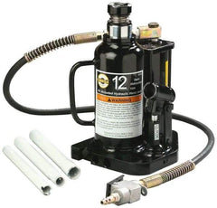 Omega Lift Equipment - 12 Ton Capacity Air-Actuated Bottle Jack - 9-1/2" to 18-1/2" High, 6" Piston Stroke, 3-1/2" Screw Length, 1-3/4" Screw Diam, 1-3/4" Plunger Diam, 6-1/2" Wide Base - Industrial Tool & Supply